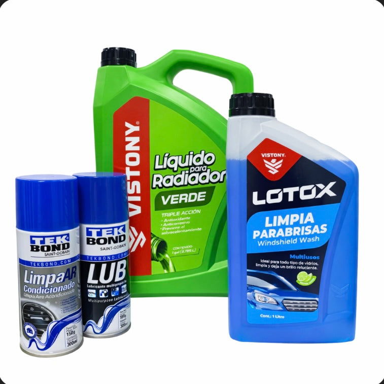 AUTO VERANO REFRIGERANTE, LIMPIA LUNAS, AIRE AC Y LUB