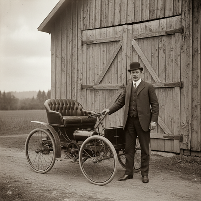 Henry Ford junto al Quadricycle de 1896, el primer vehículo que construyó en Detroit antes de fundar Ford Motor Company