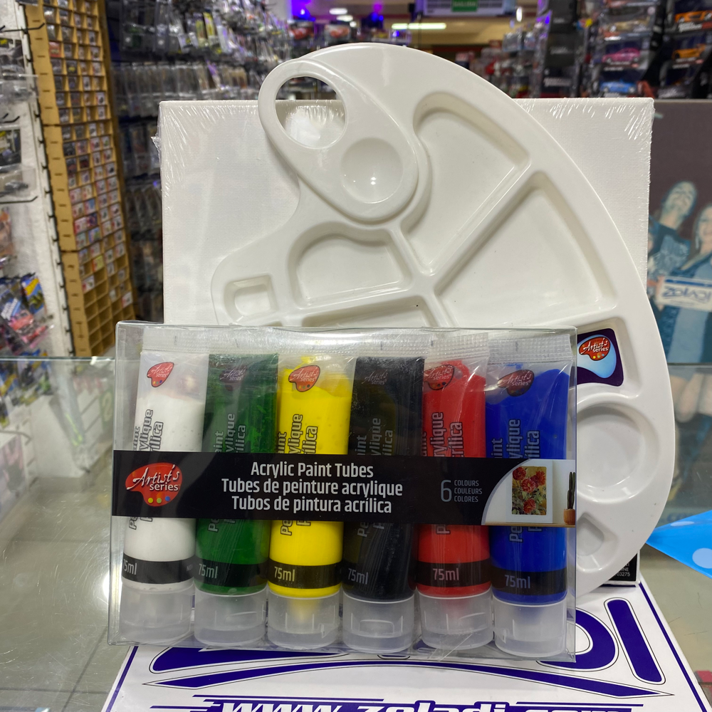 PACK PARA PINTORES - 6 COLORES DE PINTURA, LIENZO 25x25 Y PALETA PLASTICA