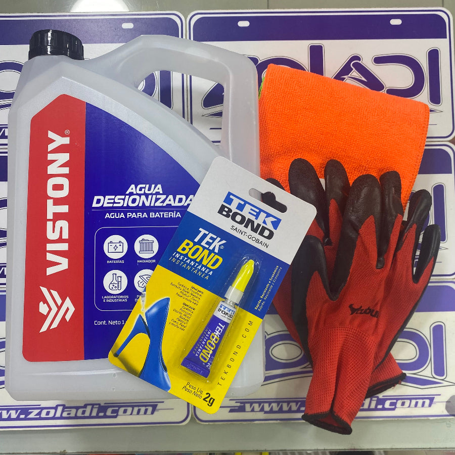 PACK PARA AUTO - AGUA DESIONIZADA, PEGAMENTO 2G TEKBOND, GUANTES Y PAÑO MICROFIBRA