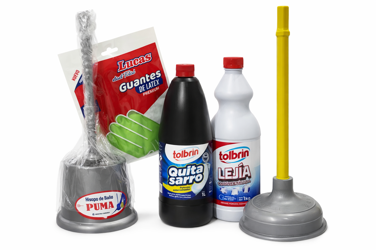 PACK COMPLETO LIMPIA BAÑOS - LEJIA, QUITA SARRO, DESATORADOR, HISOPO Y GUANTES