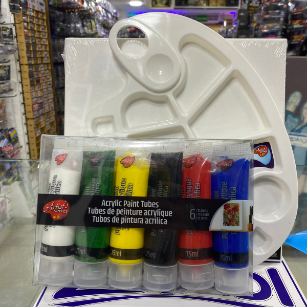 PACK PARA PINTORES - 6 COLORES DE PINTURA, LIENZO 25x25 Y PALETA PLASTICA