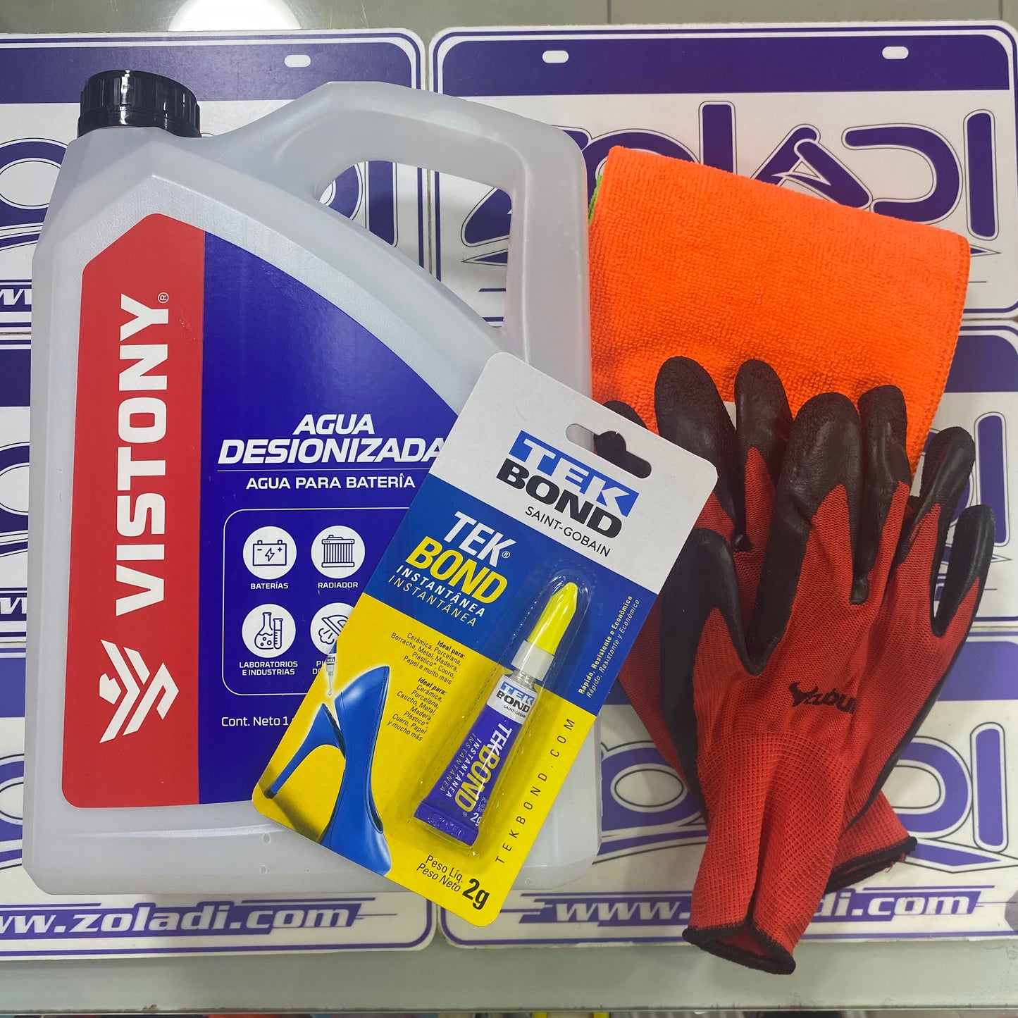 PACK PARA AUTO - AGUA DESIONIZADA, PEGAMENTO 2G TEKBOND, GUANTES Y PAÑO MICROFIBRA