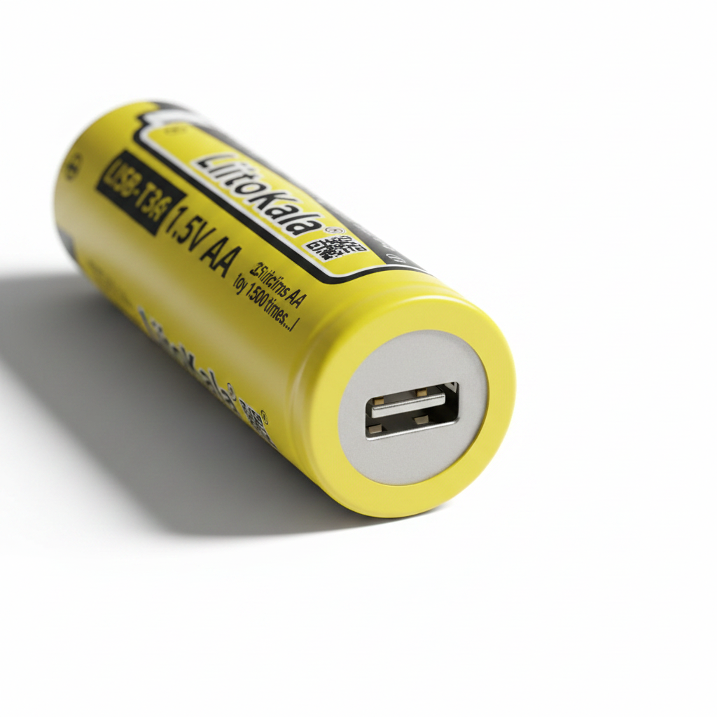 Detalle puerto Type-C de pila recargable LiitoKala AA USB-T36, carga directa sin cargador externo
